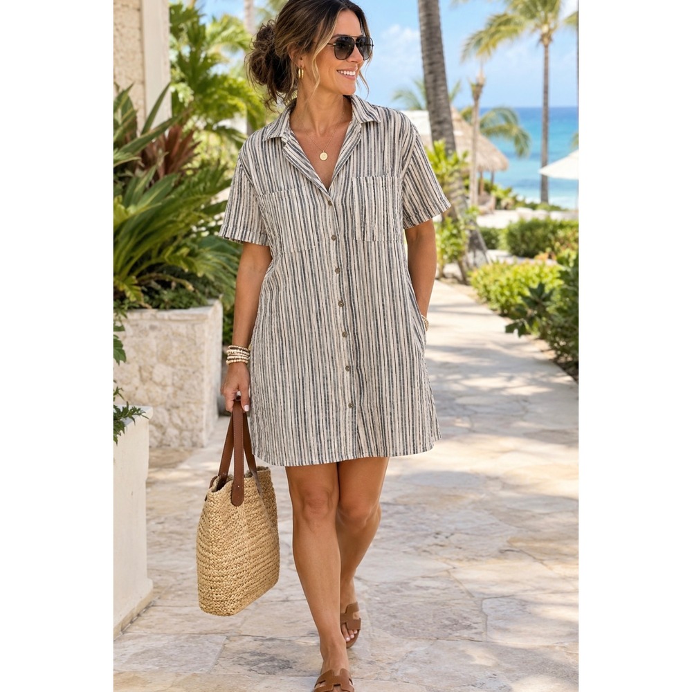 Universal Thread Linen Blend Striped Shirt Dress Blue White Short Sleeve Large